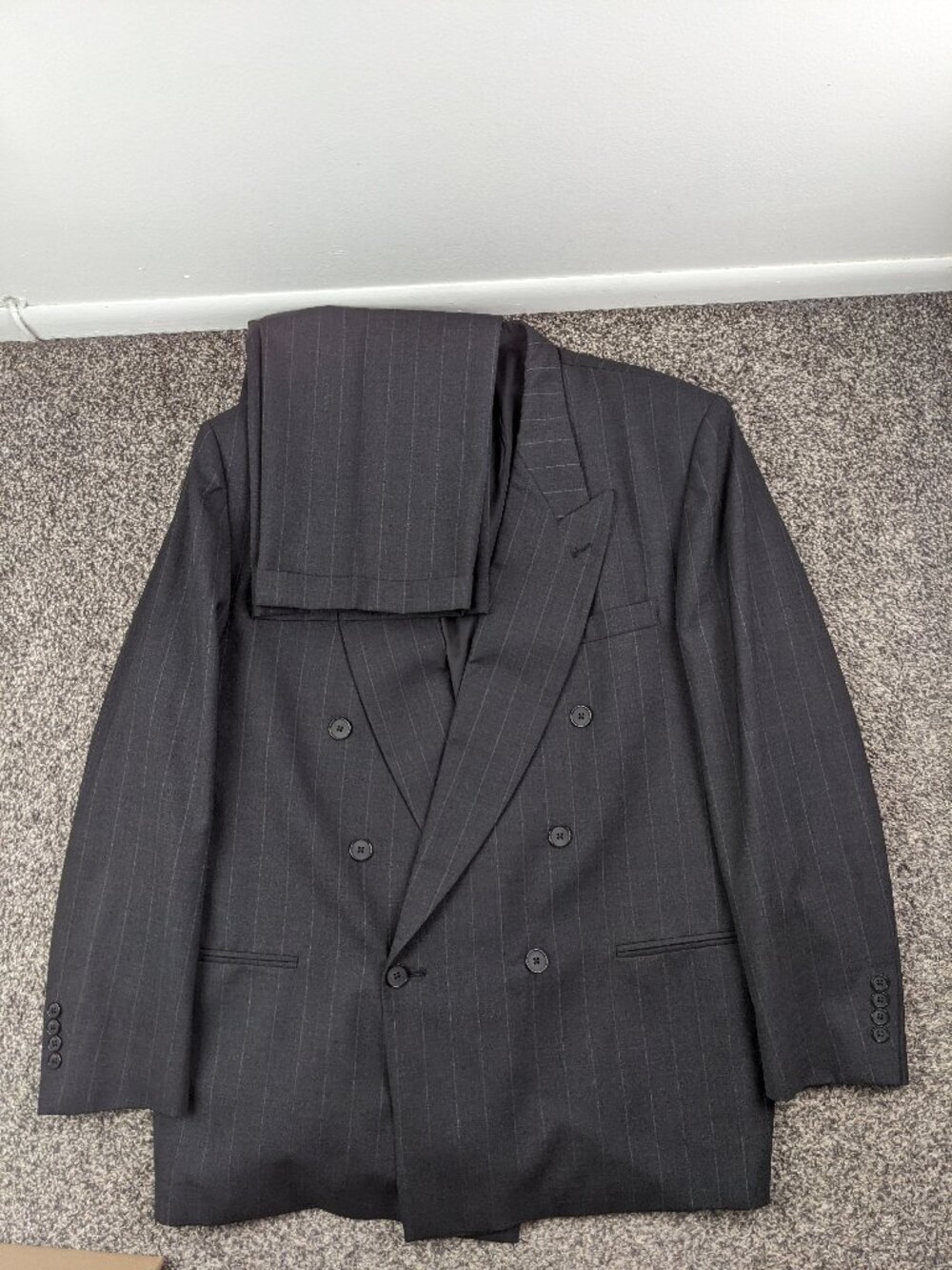 Vintage Perry Ellis 48L Suit Wool Double Breasted Chalk Striped 40x34 USA Made